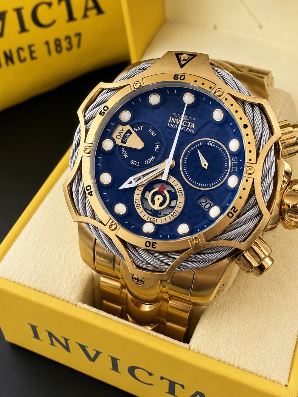 Invicta Reserve Gold Tone Watch with Blue Dial and Cable Accent